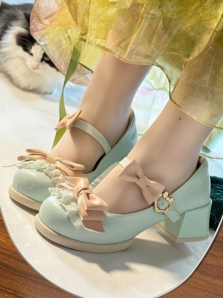 Sweet with Janes Heel Choice Round Bows Green Decor Style Pink Toe Mary Classic - Design 2cm/5cm
