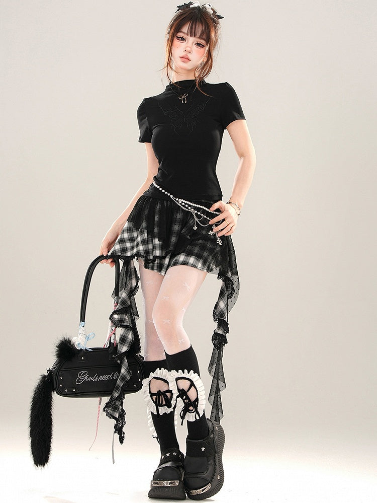 ブラック/ホワイト バタフライ モックネック Tシャツ 背中にレースパッチワーク