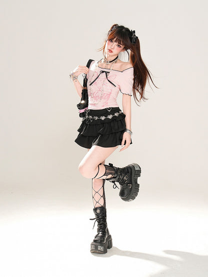 Back T-Shirt Glamorous Black/Pink Cat Print Square Neck Butterfly Design