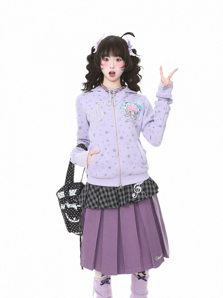 Print Cartoon Y2K Star Vintage Purple Hooded Jacket And