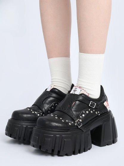 Black Platform Heels Block - High Straps Buckle Punk
