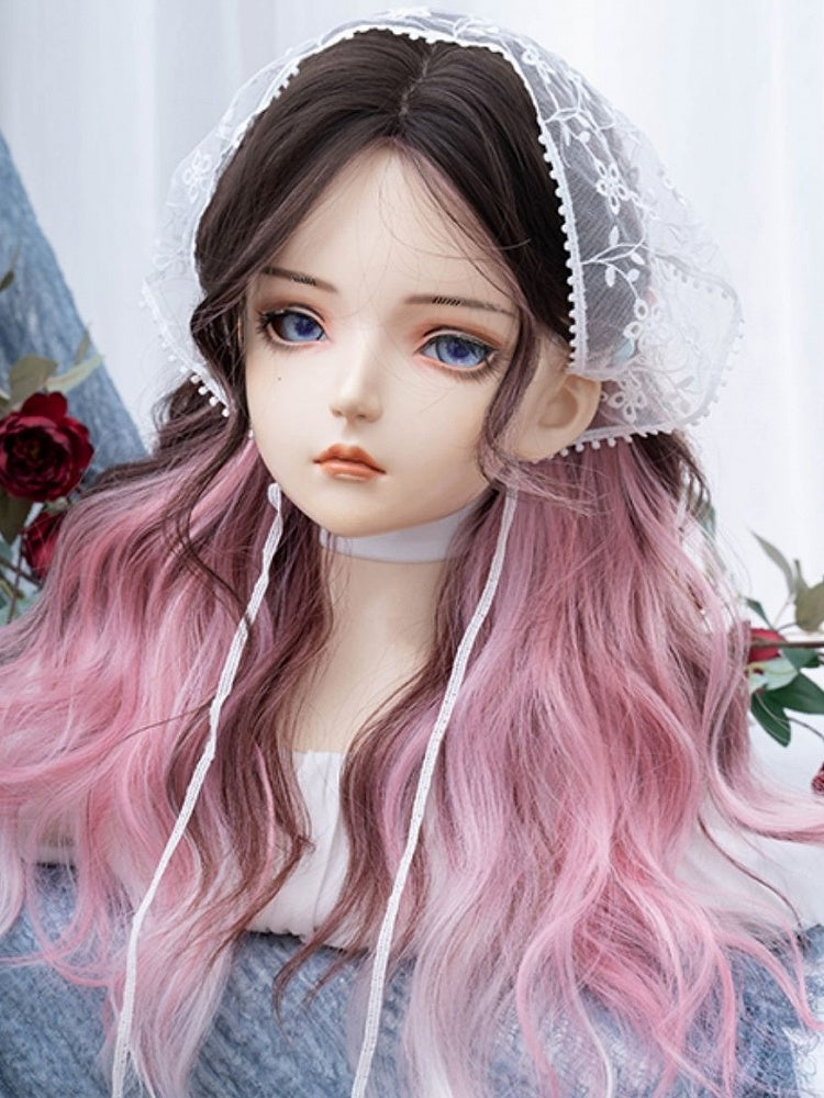 ピンクブラックのオンブレロングウェーブ合成ウィッグ（カーテンバング付き）