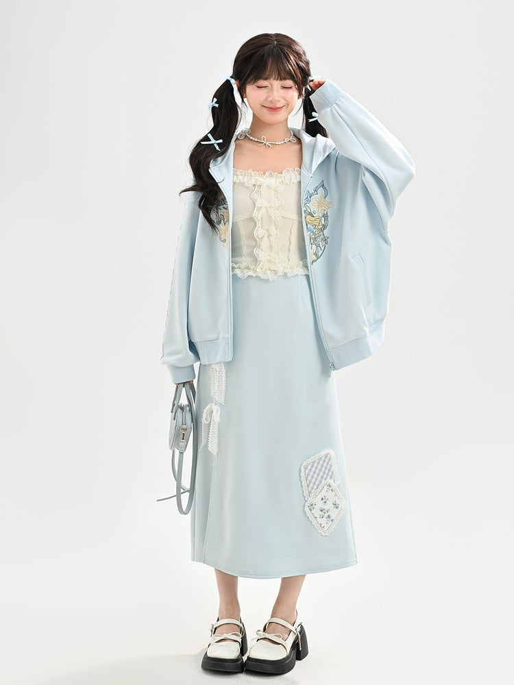 ブルーレースリボンサイドスリットフローラルアップリケスカート