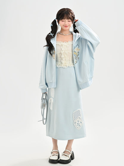 ブルーレースリボンサイドスリットフローラルアップリケスカート