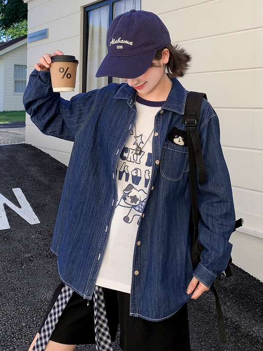 Kitty Dark Blue Faded Wash Denim Shirt Cute Embroidery