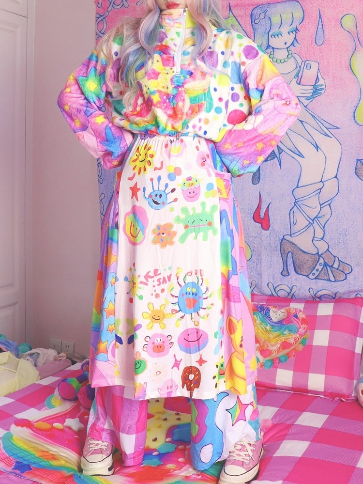Top Colorful Print Polka-Dot Y2K Star Pattern Flannel Long Sleeves