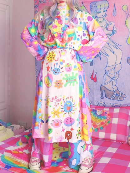 Top Colorful Print Polka-Dot Y2K Star Pattern Flannel Long Sleeves