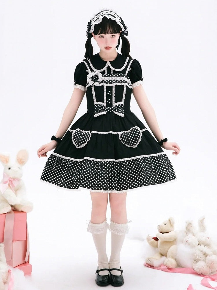Kleid Schule Polka Alt Schwarz Baumwolle Weiß Punkte Lolita