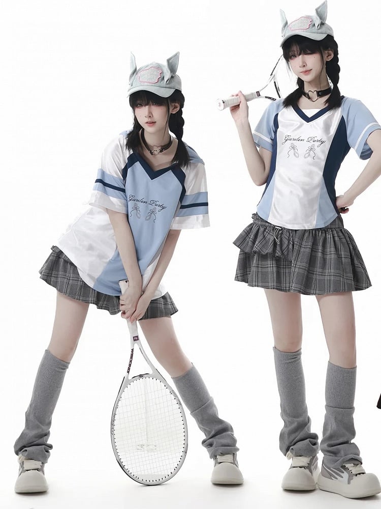 Blue Colorblock Design Blokette Core V-neck T-shirt