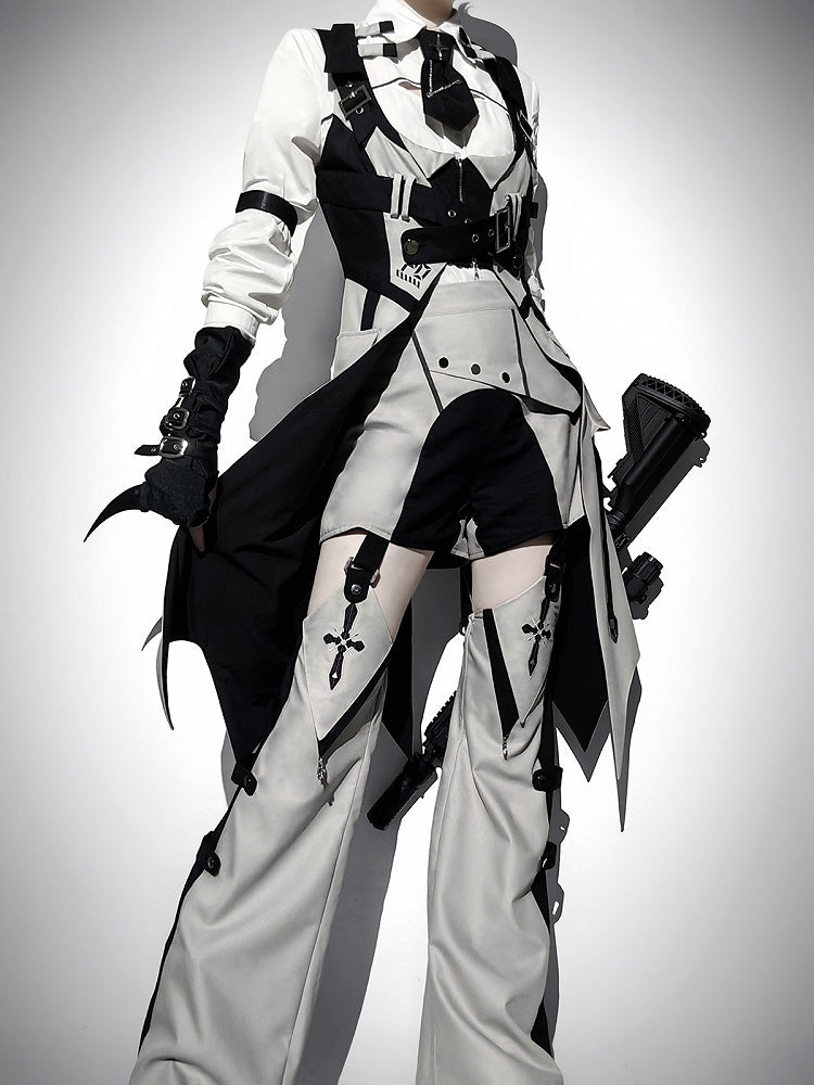 Techwear Style Black and Gray Long Sleeve Outfit with Vest and Shorts - Unknown Star