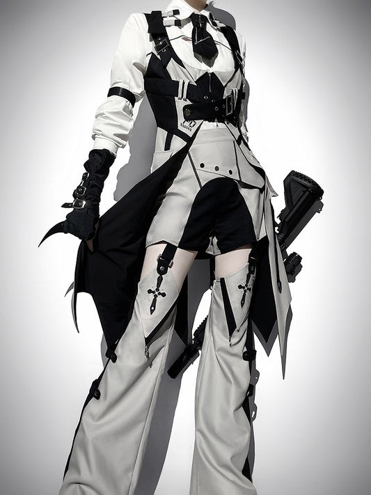 Techwear Style Black and Gray Long Sleeve Outfit with Vest and Shorts - Unknown Star
