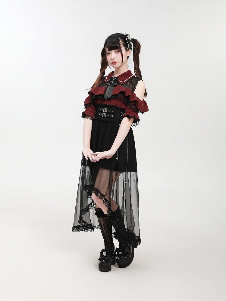 Double Kei Skirt Detachable Cross and Black with Buckles Chain Overlay Jirai Tulle