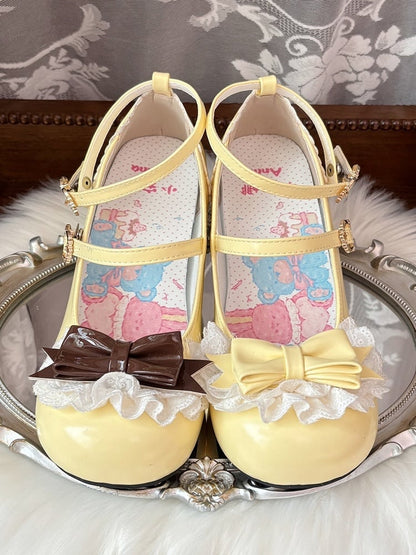 in Brown at Lace Lolita Trim Round Mid Toe Bow PU Top. Heel Heels Pudding Sweet Yellow