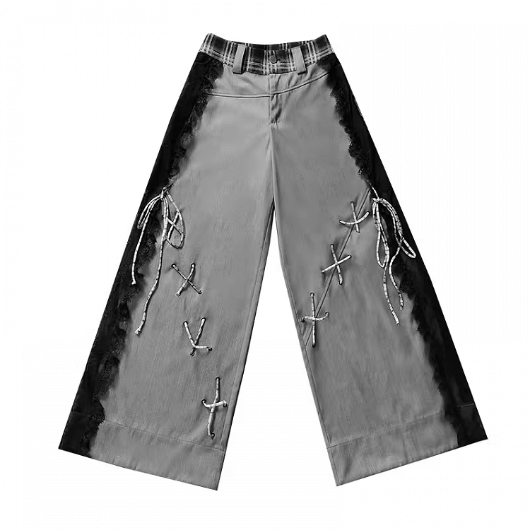 Dark Gray Lace Patches Lace-up with Casual Pants Details Side