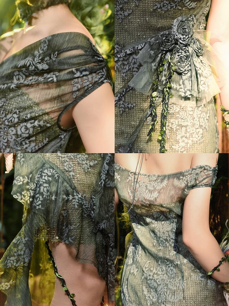 Green Cascading Fairy Forest Dress Neckline Slit Goth Off-the-shoulder Flounce