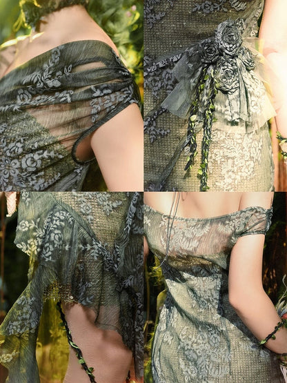 Green Cascading Fairy Forest Dress Neckline Slit Goth Off-the-shoulder Flounce
