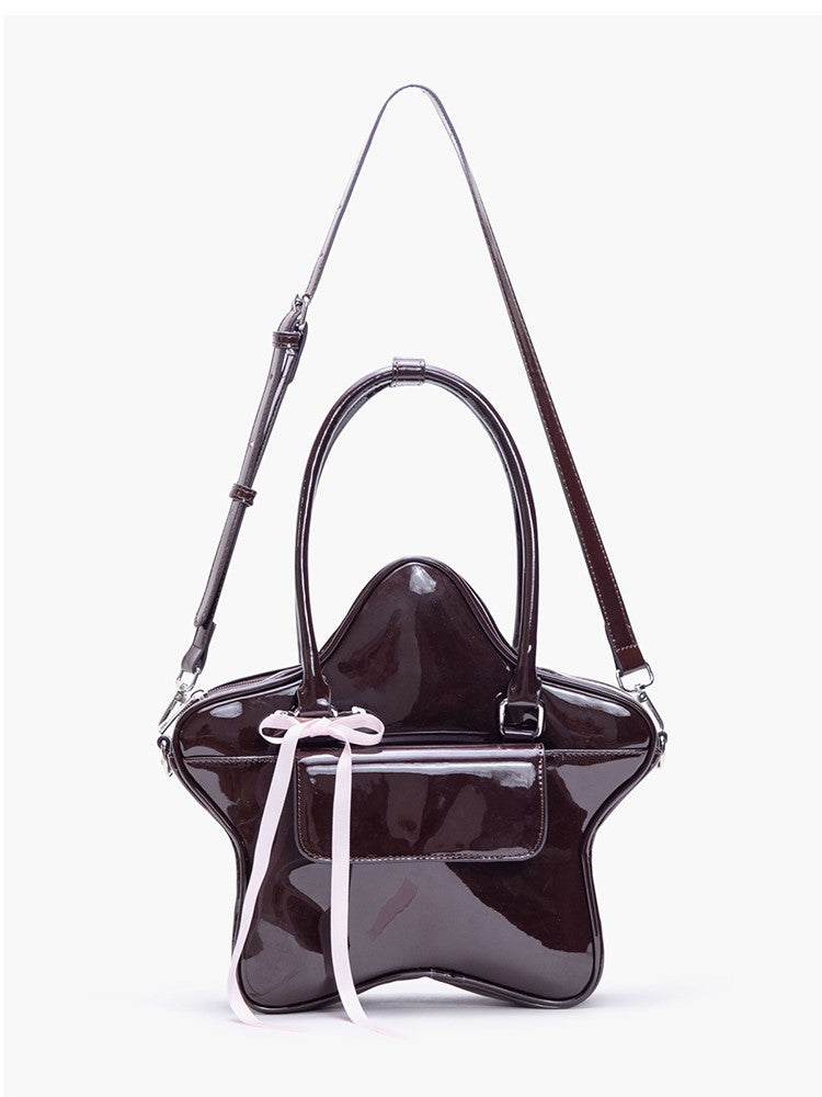 3-Way With Ribbon Bow Kawaii Glossy Black Star-Shaped Handbag