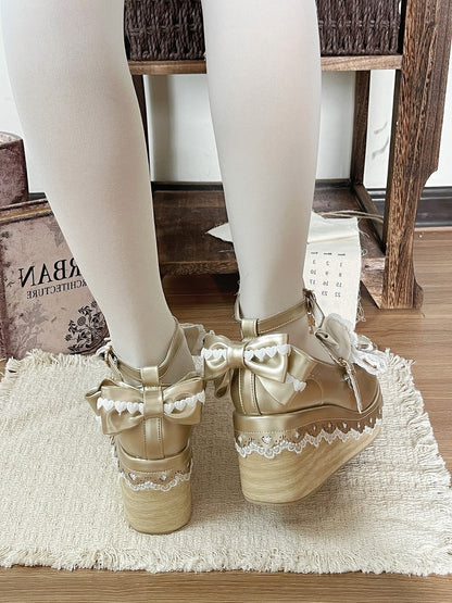 Gold Lolita Round Toe Platform Shoes with Bow, Lace and Rabbit Ear Detail - Cheese Mango
