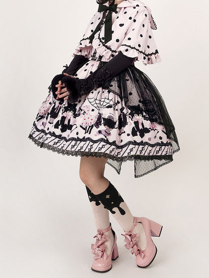 Cat Ears Dot Cape Hooded Polka Pink Lolita with