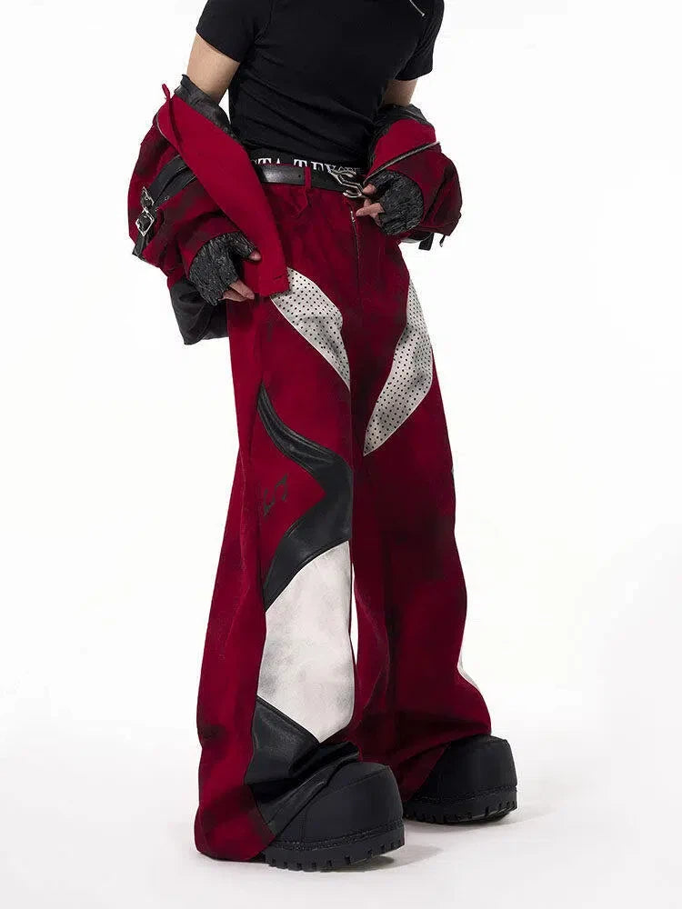 Design Leather Wide-leg Panel Pants Men's Red with