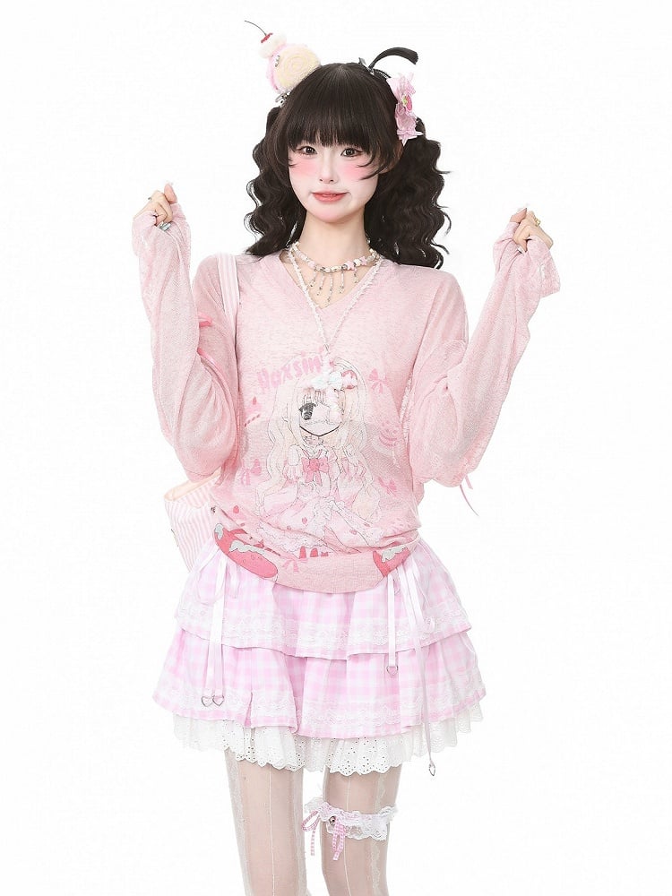 Pink Long Sleeve Sun Top with Girl Print & Ribbon Detail - Languid Park