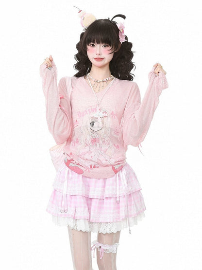 Pink Long Sleeve Sun Top with Girl Print & Ribbon Detail - Languid Park