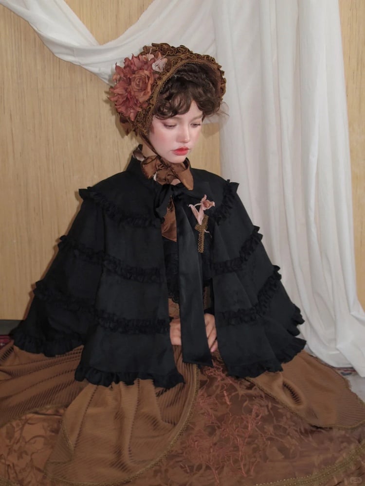 Black Collar Cape Banded Ruffled Lolita with Trims