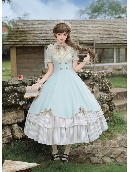 Puff-Sleeve Long Lolita Dress in Beige and Blue with Scalloped Hem and Butterfly Bows - With PUJI