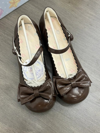 Sweet Lolita Round Closure Shoes Brown Heeled 3cm Mary with Jane Toe Circle Snap