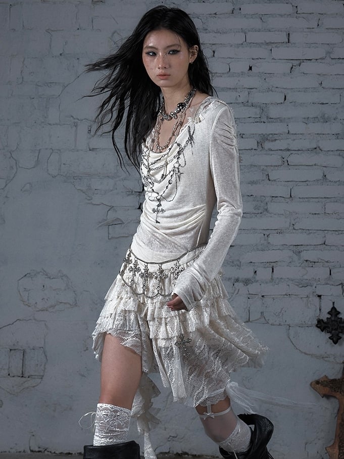 Chain Dress Cross Punk Black/Beige Beaded Wasteland Trim Print Lace