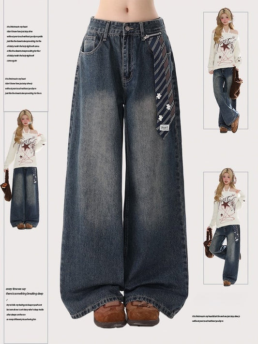Dark Blue Faded Wash Wide-Leg Jeans with Detachable Blue Necktie Accent