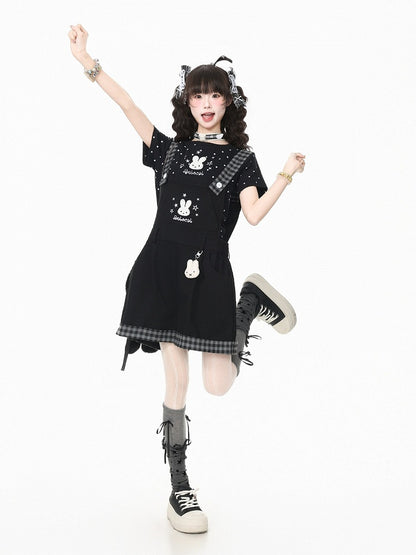 Black Plaid Overall Shorts with Bunny Embroidery - Languid Park