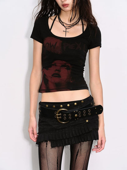 Spike with Double-Stitched Belt Studs Snakeskin Pattern Black Punk Eyelets
