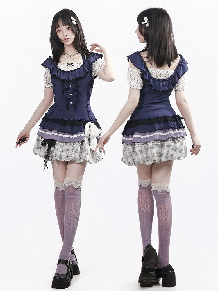 Dark Blue Polka Dot Puff Sleeve Top with Bow - PINK SAVIOR