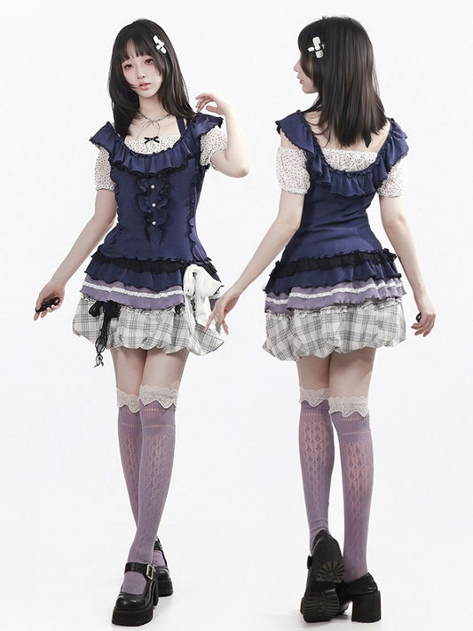 Dark Blue Polka Dot Puff Sleeve Top with Bow - PINK SAVIOR
