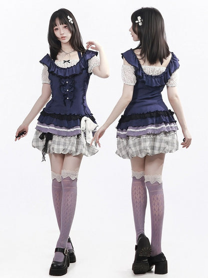 White Plaid Bubble Skirt with Black Bow - PINK SAVIOR