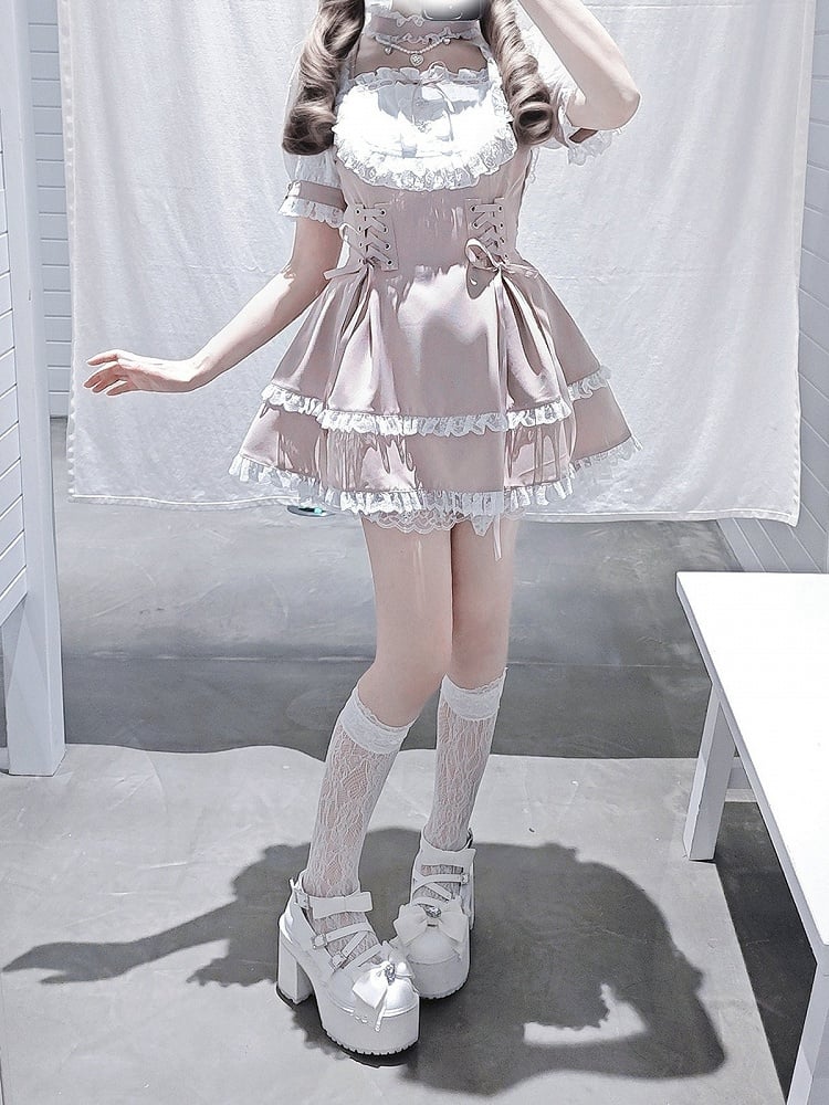 Ryousangata Choker Trim Design White With Sleeve Matching Dress - Bead Fashion Two-Piece Short + Chain Set Shorts Lace Pink
