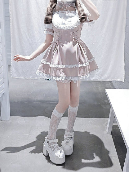 Ryousangata Choker Trim Design White With Sleeve Matching Dress - Bead Fashion Two-Piece Short + Chain Set Shorts Lace Pink