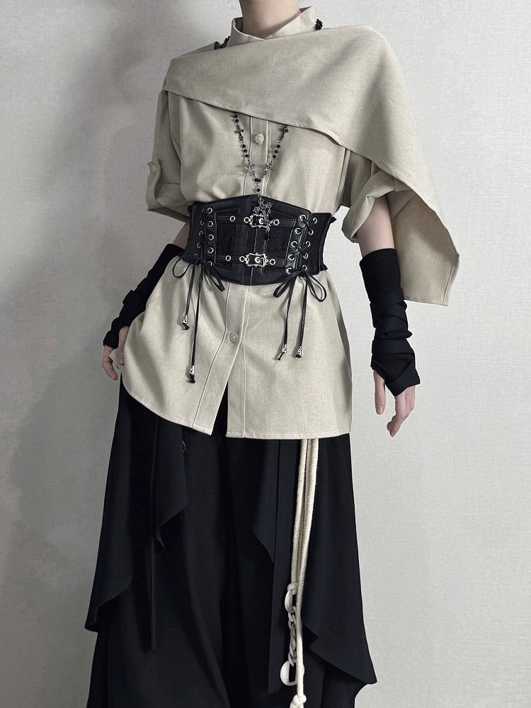 Straps Buckle with and Corset Khaki Belt Black Shirt Tab Sleeve Short-sleeve