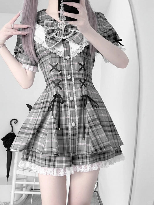 グレーケイチェックウエストラインストーンジライミニドレス+ショーツ装飾セットレースアップディテール