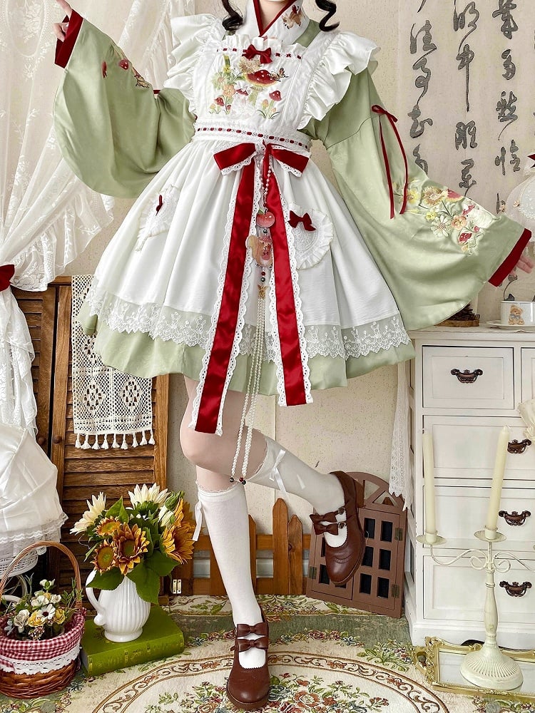 Neckline and Han Apron + Lolita Crossover Bunny Mushroom Green Embroidery OP
