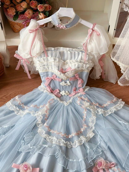 Blaue Basken-Taille mit floralen Schleifenknoten, Hanayome Lolita OP / Komplettset