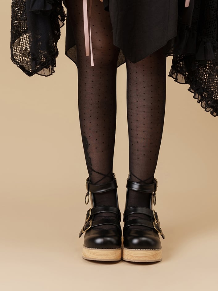 Plateau-Spitze mit Keilschnalle 3-5 cm Sohle rund schwarz 3 Riemen