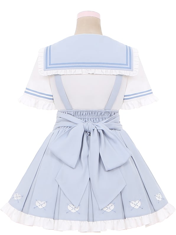 Cutout Bluse Blau Bowknot Weiß Matrosenkragen Herzförmiges Licht