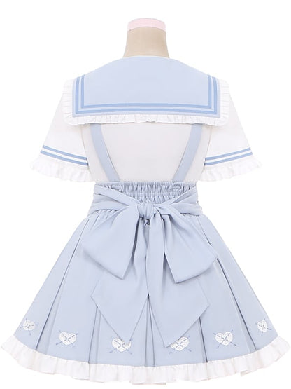 Cutout Bluse Blau Bowknot Weiß Matrosenkragen Herzförmiges Licht