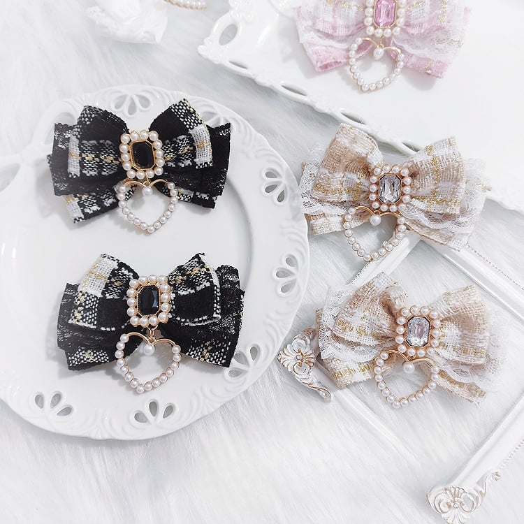 Schleife Haarspangen Strass Akzent Charm Plaid Herz Schwarz/Beige/Rosa/SchwarzWeiß