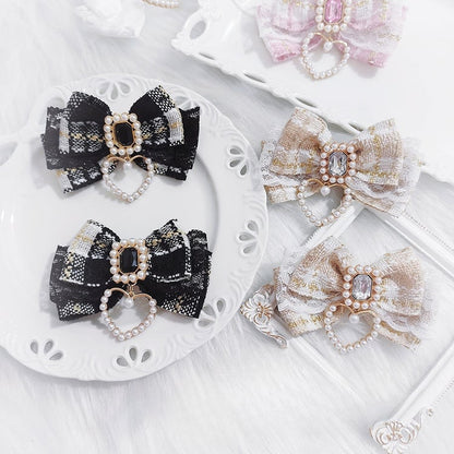 Schleife Haarspangen Strass Akzent Charm Plaid Herz Schwarz/Beige/Rosa/SchwarzWeiß