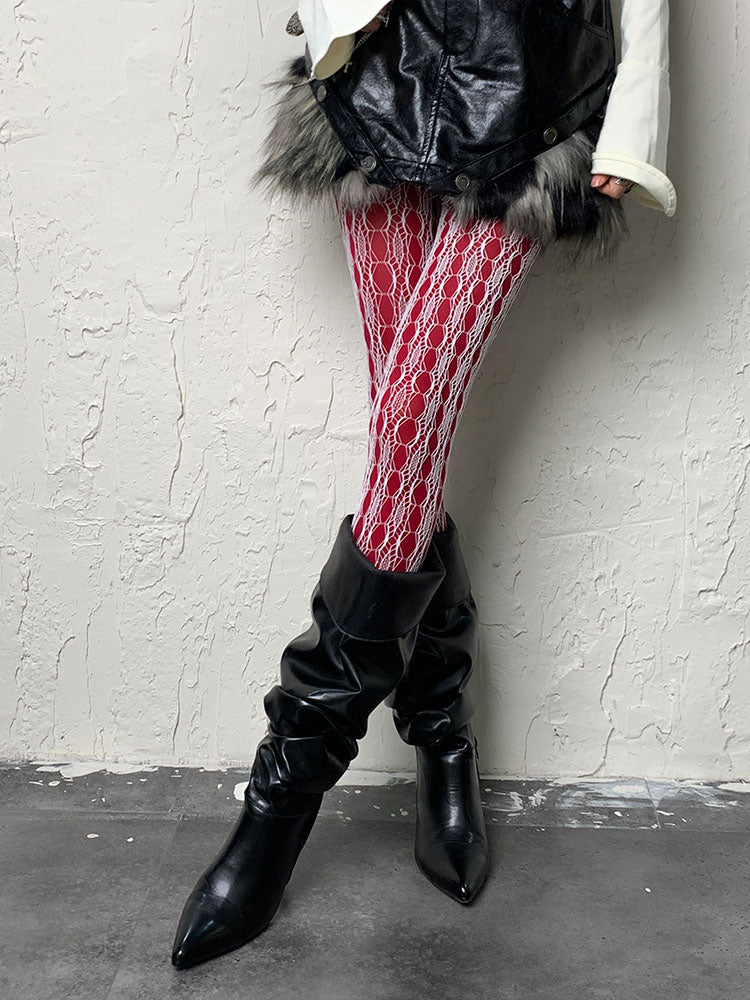 Weiße Y2K-Strumpfhose mit Spitzen-Aushöhlung