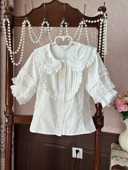 White Round Sleeves Collar Blouse Flat Short