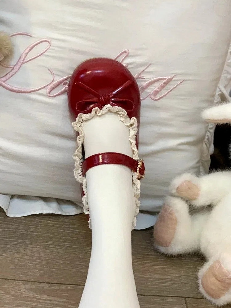 Red Accents Shoes Wine Sweet Jane 1.5cm Heeled Bow Snap with Design Mary Heart-shaped Lolita